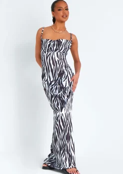 Outlet Hannah Zebra Print Satin Lace Up Back Maxi Dress Women Dresses