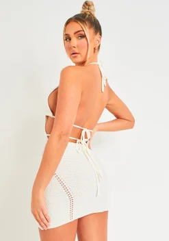 Flash Sale Harley Off White Crochet Knit Halterneck Backless Mini Dress Women Dresses