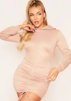 New Hayley Camel Ruched Front Hooded Jumper Mini Dress Women Dresses