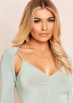 Ina Sage Ruched Cut Out Sleeve Bodysuit^Missy Empire Online