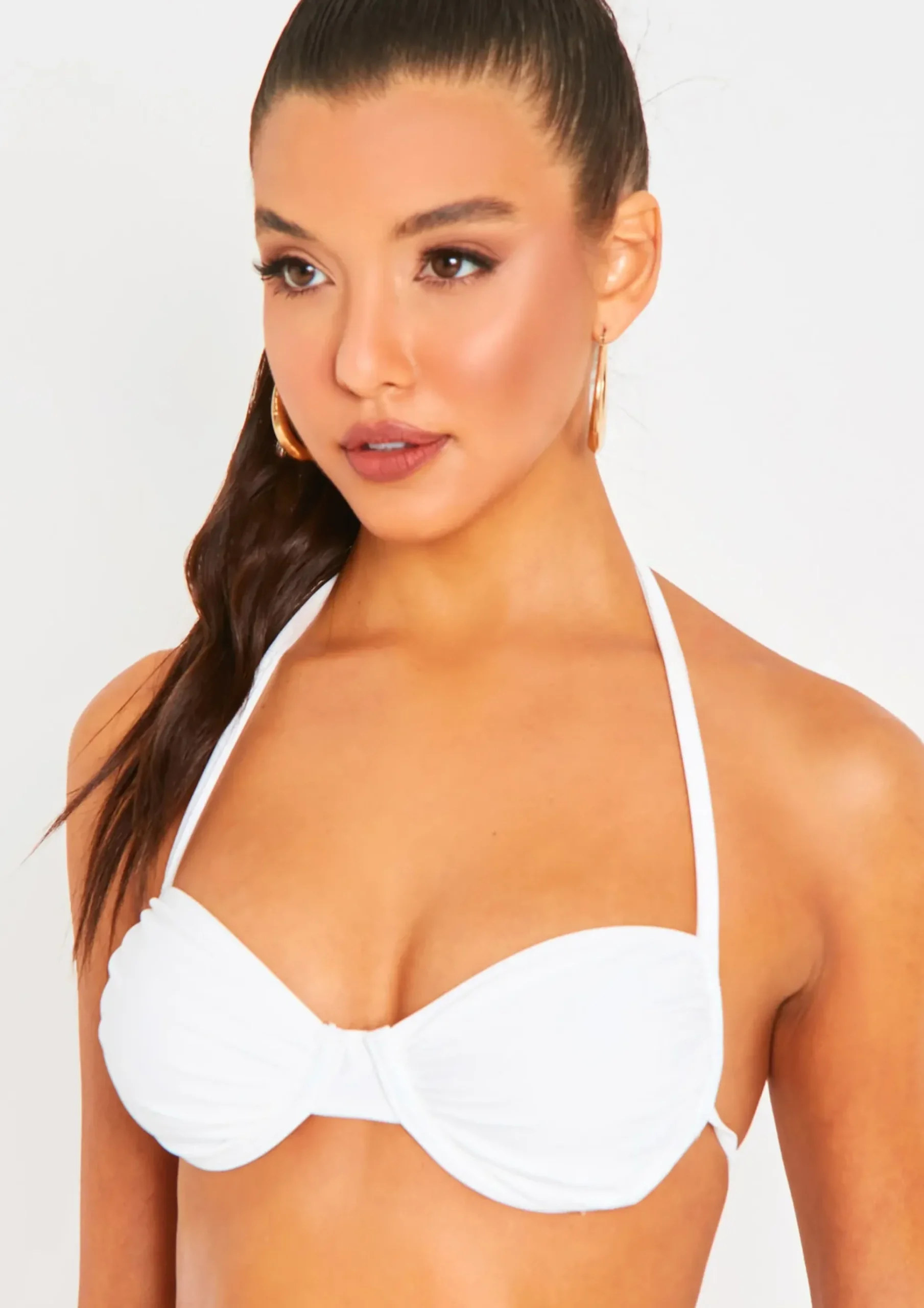 Irla Ivory Halter Neck Ruched Detail Underwire Bikini Top^Missy Empire New