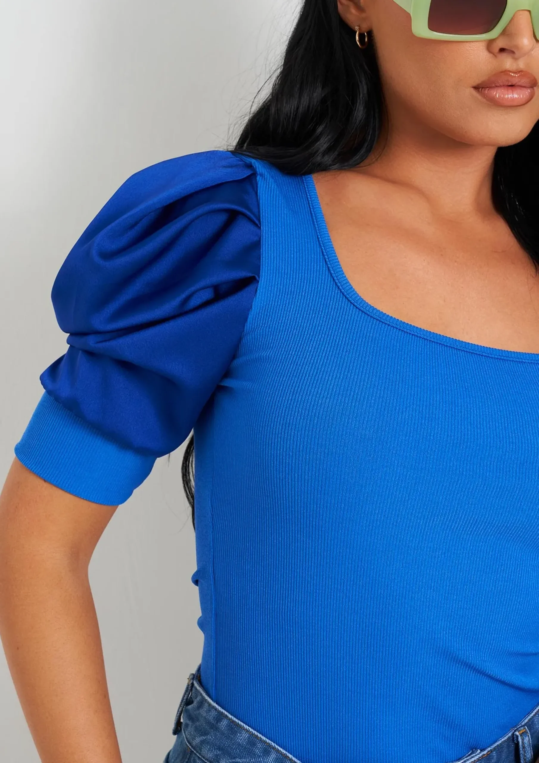 Jade Blue Puff Sleeve Square Neck Bodysuit^Missy Empire Clearance