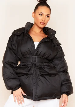 Jamie Black Belted Waist Puffer Coat^Missy Empire Fashion
