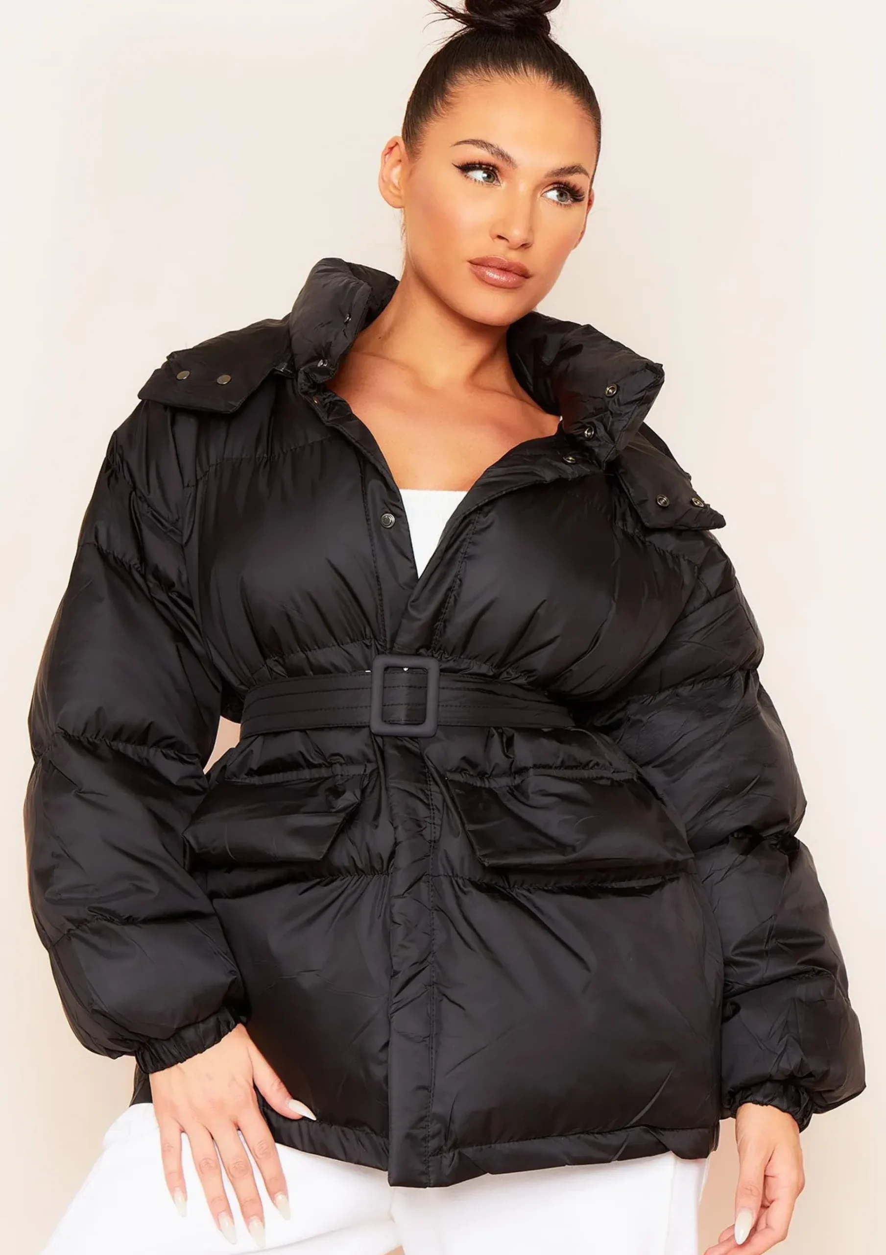 Jamie Black Belted Waist Puffer Coat^Missy Empire Fashion
