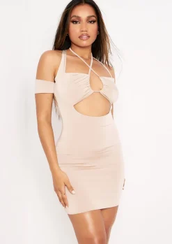 Online Jana Beige Halterneck Double Layer Ring Mini Dress Women Dresses