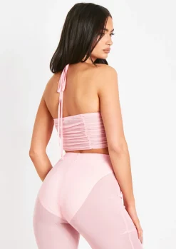 Janelle Pink Mesh Halter Neck Ruched Top^Missy Empire Clearance