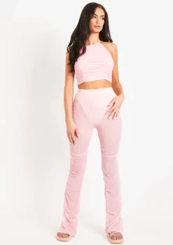 Janelle Pink Mesh Halter Neck Ruched Top^Missy Empire Clearance