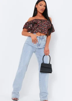 Jasleen Black Floral Printed Frill Detail Crop Top^Missy Empire Cheap