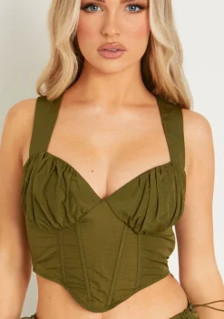 Jaycie Khaki Ruched Bust Crop Corset^Missy Empire Cheap