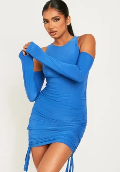 Fashion Jayda Blue Slinky Ruched Side Mini Dress With Attached Sleeves Women Dresses