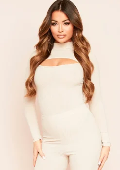 Jayla Beige Ribbed Cut Out Turtle Neck Bodysuit^Missy Empire Cheap