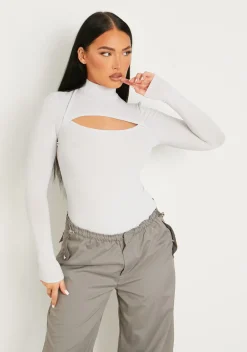 Jayla Grey Ribbed Cut Out Turtle Neck Bodysuit^Missy Empire Outlet