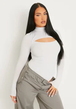 Jayla Grey Ribbed Cut Out Turtle Neck Bodysuit^Missy Empire Outlet