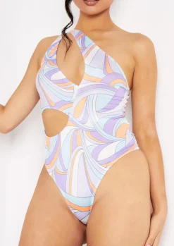 Jazmin Lilac Printed One Shoulder Cut Out Bodysuit^Missy Empire Clearance