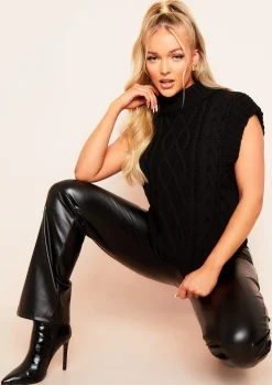 Jess Black Cable Knit High Neck Vest^Missy Empire Discount