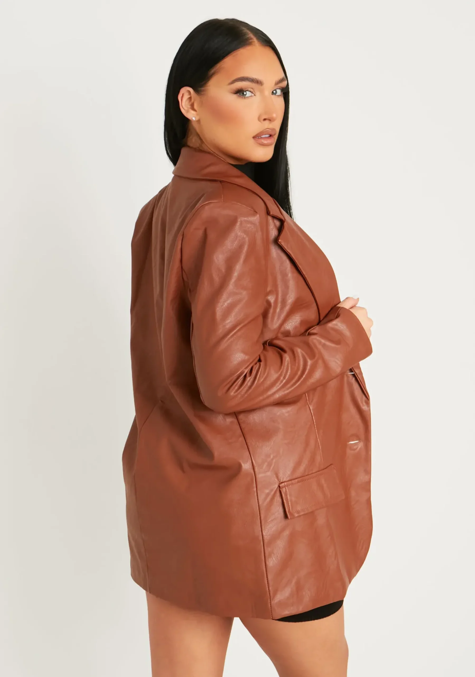 Jess Chocolate Faux Leather Oversized Blazer^Missy Empire Discount