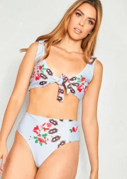 Jess Grey Floral Tie Front Bikini^Missy Empire New