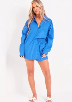 Fashion Jessie Cobalt Blue Cotton Oversized High Waisted Runner Shorts Women Shorts
