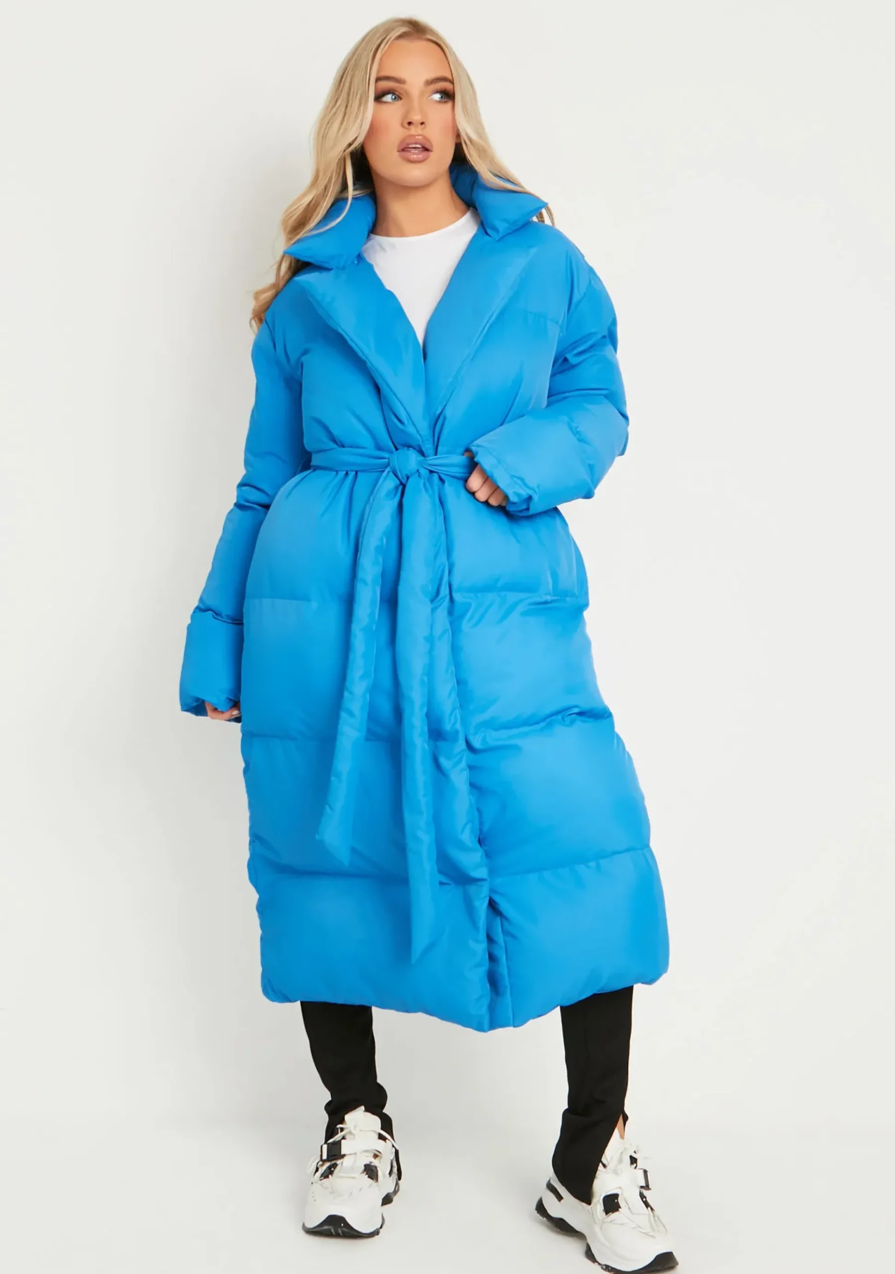 Best Sale Jodie Blue Tie Waist Longline Puffer Coat Women Loungewear