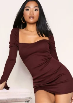 Outlet Jordanne Chocolate Split Sleeve Bandage Rib Corset Mini Dress Women Dresses