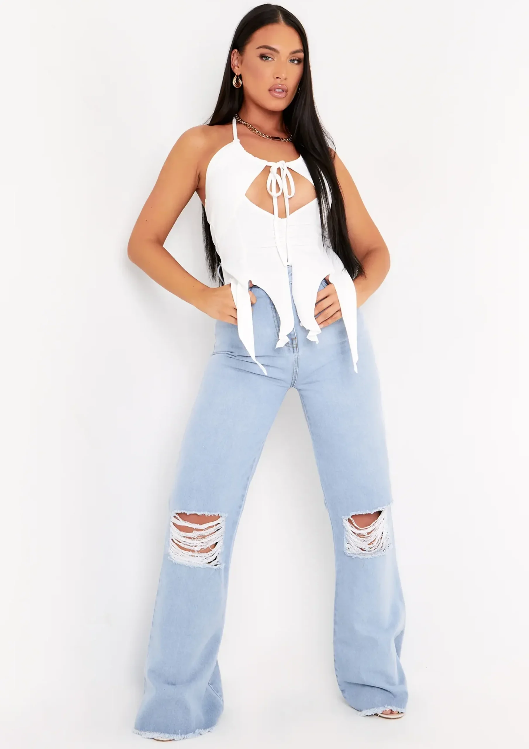 Justine Light Blue Wash Wide Leg Ripped Denim Jeans^Missy Empire Store