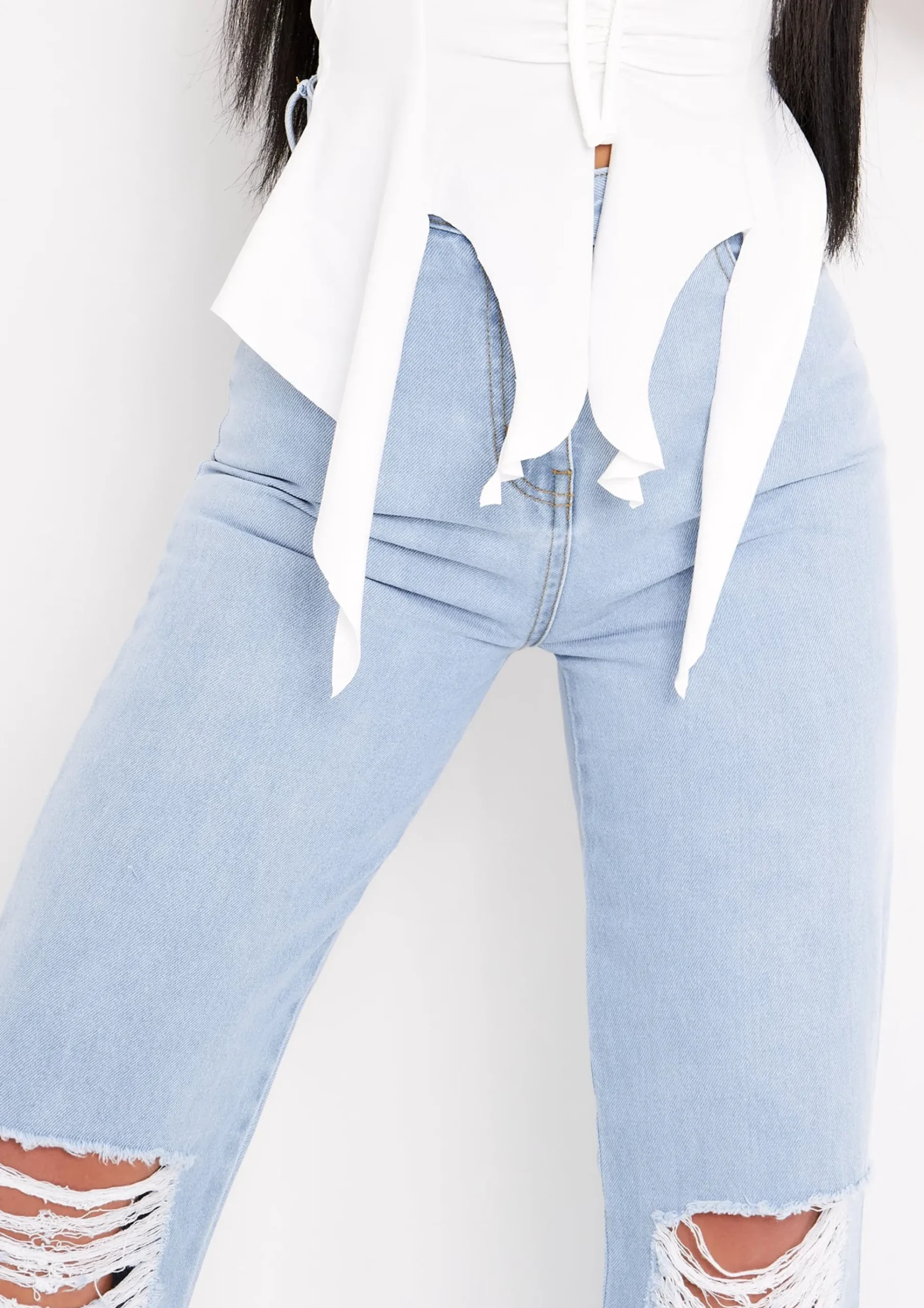 Justine Light Blue Wash Wide Leg Ripped Denim Jeans^Missy Empire Store