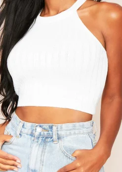 Kacey White Ribbed Knit Sleeveless Crop Top^Missy Empire Sale