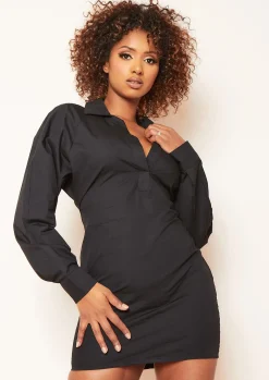 Store Kacie Black Plunge Mini Shirt Dress Women Dresses