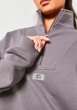 Kadie Charcoal Missy Sport Quarter Zip Oversized Sweatshirt^Missy Empire Outlet