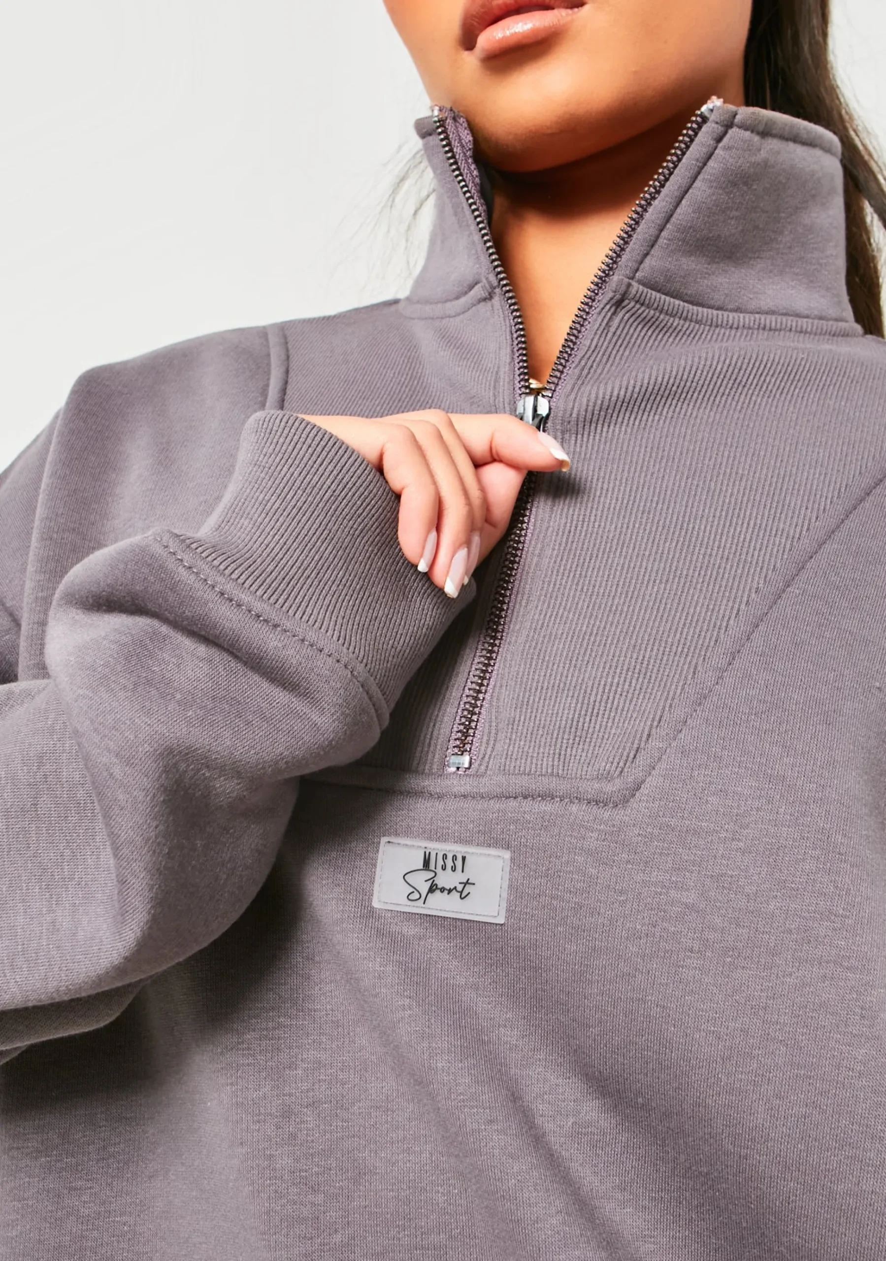 Kadie Charcoal Missy Sport Quarter Zip Oversized Sweatshirt^Missy Empire Outlet