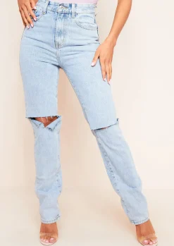 Kady Blue Slashed Knee Straight Leg Jeans^Missy Empire Fashion