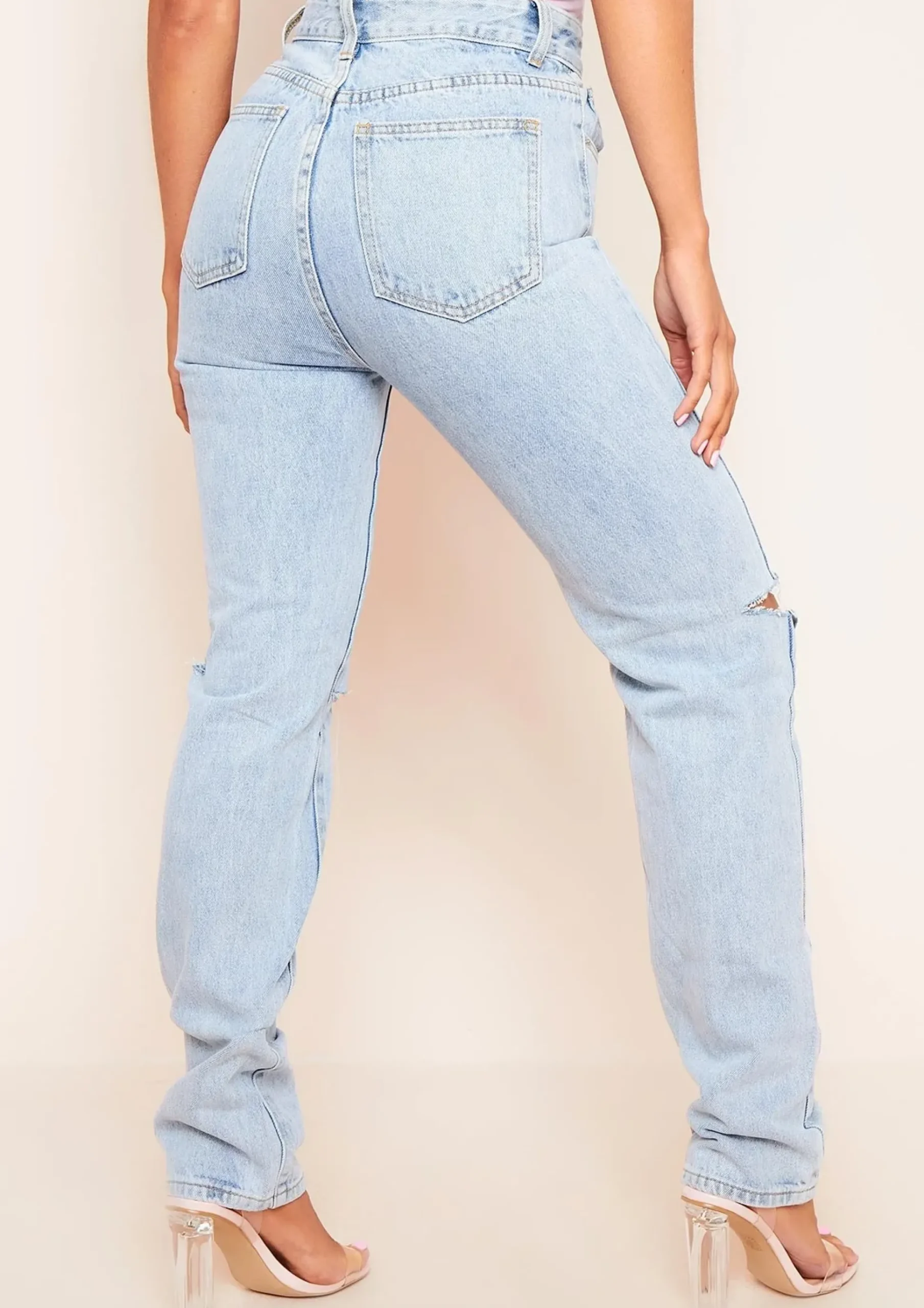 Kady Blue Slashed Knee Straight Leg Jeans^Missy Empire Fashion