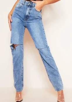 Kady Dark Blue Mid Wash Slashed Knee Straight Leg Jeans^Missy Empire Fashion