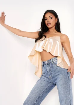 Kai Champagne Flounce Ruffle Chain Strap Crop Top^Missy Empire Store