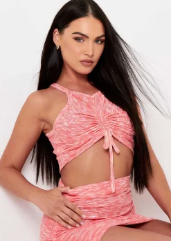 Kaisley Orange Marl Ribbed Racer Ruched Front Strappy Crop Top^Missy Empire New