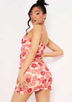 Clearance Kaiya Coral Floral Ruched Front Strappy Mini Dress Women Dresses