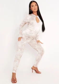 Kam Stone Print Keyhole Long Sleeved Bodysuit^Missy Empire Outlet