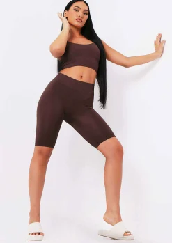 Kara Chocolate Seamless Ribbed Scoop Neck Double Strap Crop Top^Missy Empire Clearance