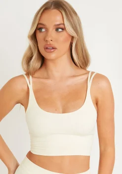 Kara Cream Seamless Ribbed Scoop Neck Double Strap Crop Top^Missy Empire Clearance