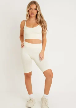 Kara Cream Seamless Ribbed Scoop Neck Double Strap Crop Top^Missy Empire Clearance
