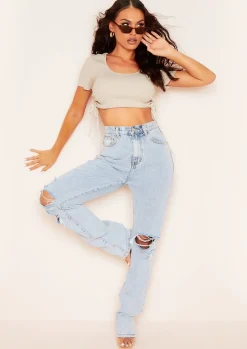 Karin Beige Ruched Side Crop Ribbed T-Shirt^Missy Empire Sale