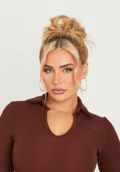 Karla Chocolate Long Sleeve Collared High Leg Bodysuit^Missy Empire Outlet
