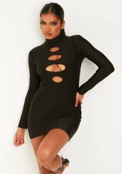 Sale Kayla Black Disco Long Sleeve High Neck Cut Out Mini Dress Women Dresses