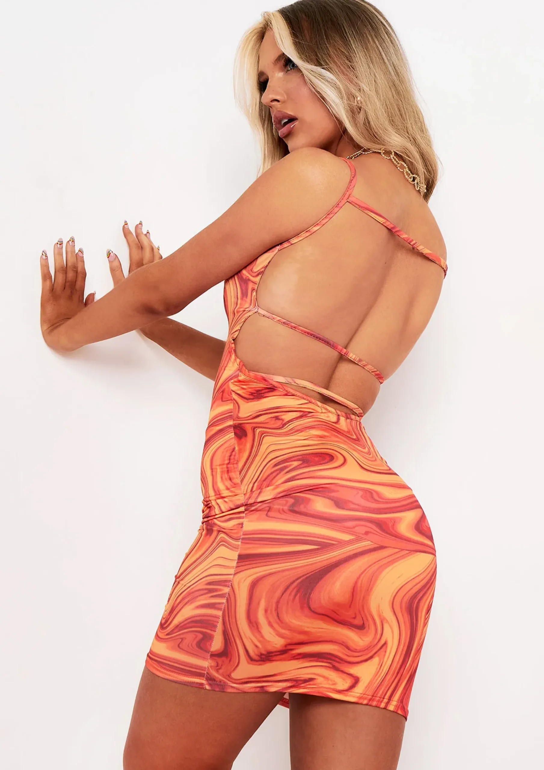 New Kaylin Orange Swirl Print Slinky Strappy Back Detail Mini Dress Women Dresses