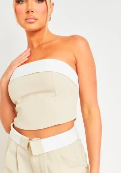 Kaysie Beige Fold Over Bandeau Top^Missy Empire Sale