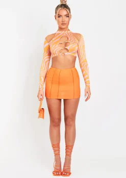 Keeley Pink Swirl Print Cut Out Long Sleeve Crop Top^Missy Empire New