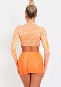 Keeley Pink Swirl Print Cut Out Long Sleeve Crop Top^Missy Empire New