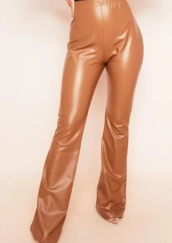Flash Sale Kendra Brown Vegan Leather Pu Flared Trousers Women Trousers