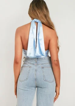 Kenna Pastel Blue Satin Wrap Around Halterneck Scarf Top^Missy Empire Best Sale
