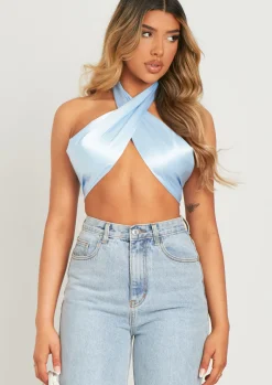 Kenna Pastel Blue Satin Wrap Around Halterneck Scarf Top^Missy Empire Best Sale